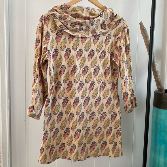 Effie’s Heart Cowl Neck Pima Cotton Tunic Pockets Leaf Pattern Long Shirt Retro - Picture 8 of 14